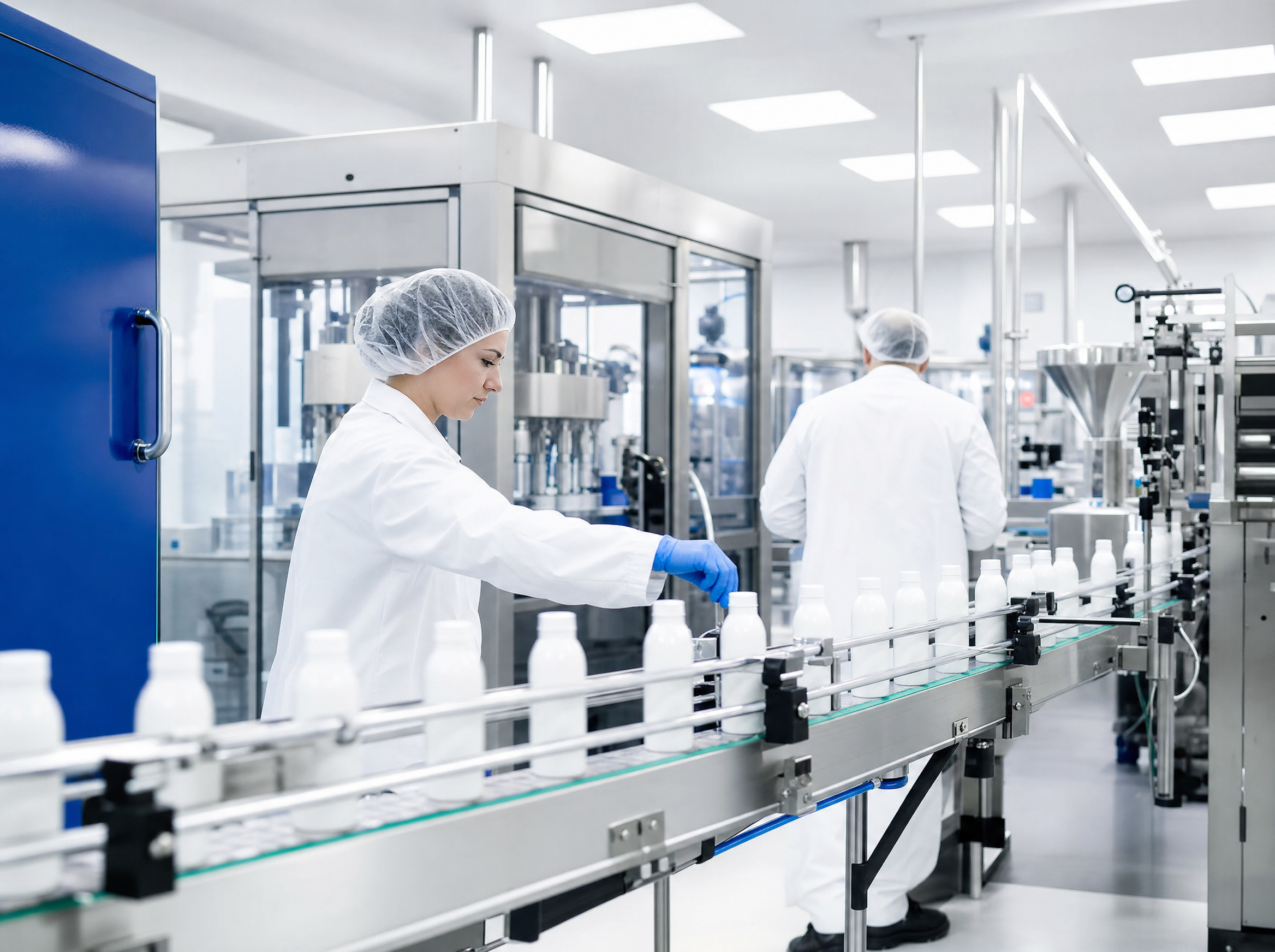 White bottles on a stainless steel filling line in a clean hall